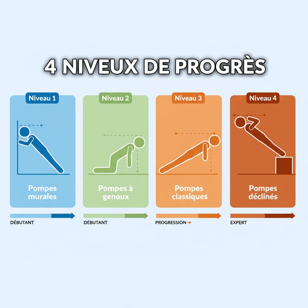 Infographie éditoriale avec quatre panneaux illustrant quatre niveaux de progression d'un exercice, chaque panneau montrant une intensité différente, barre de progression en bas.