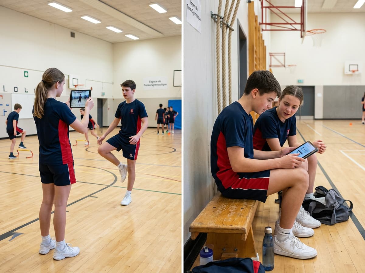 Élèves utilisant une tablette pour observer et analyser un mouvement en cours d'EPS dans un gymnase