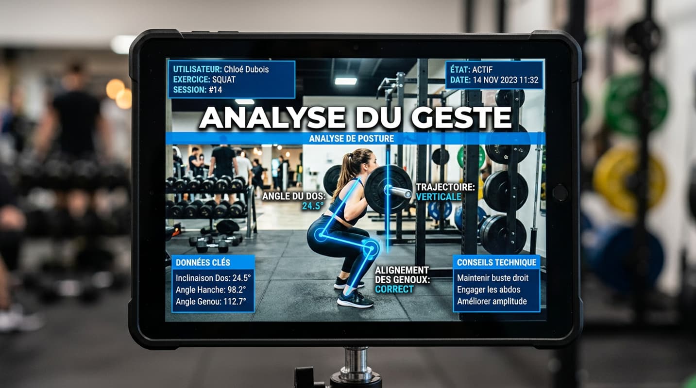 Écran de tablette affichant une vidéo d'un étudiant réalisant un squat, avec des lignes bleues et des angles superposés pour analyser la posture du dos, des étiquettes en français et l'overlay 'ANALYSE DU GESTE'.