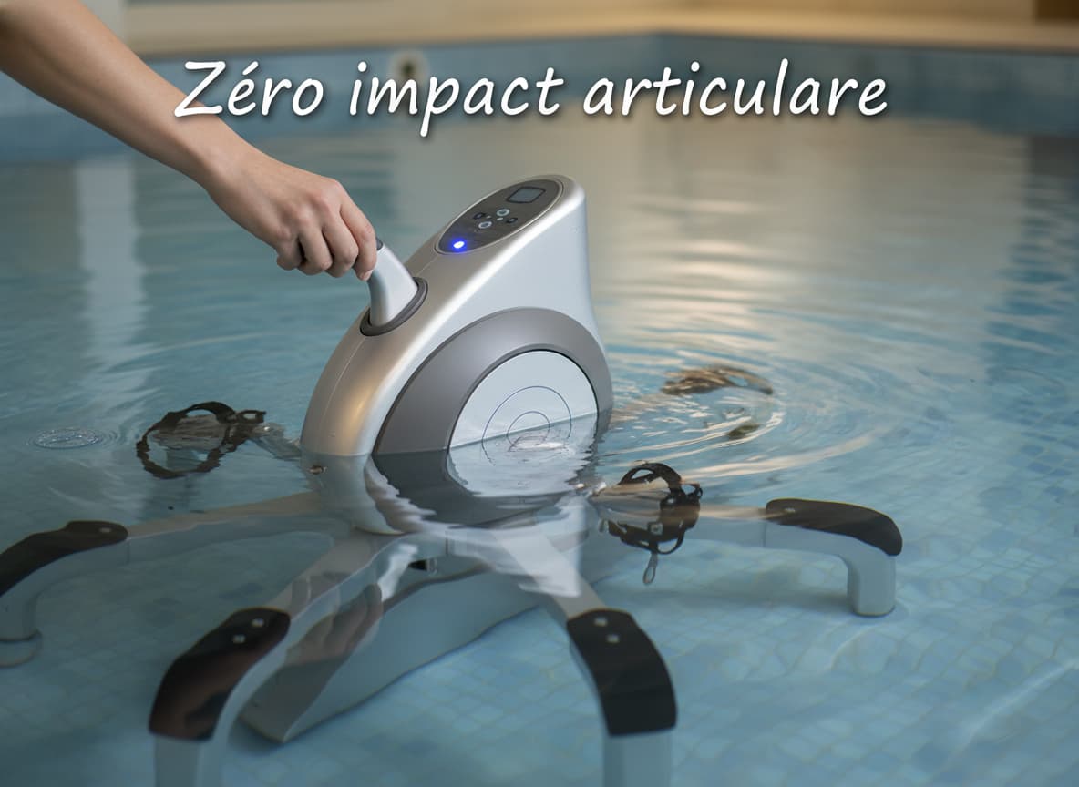 Aquabike immergé dans une piscine peu profonde, une main ajustant une manette de résistance, avec l'inscription 'Zéro impact articulaire' en surimpression.
