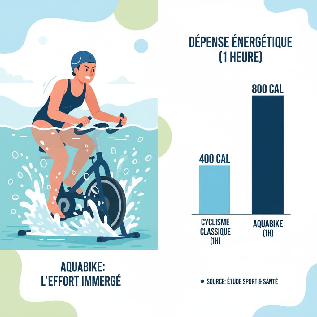 Cycliste pédalant sous l'eau avec des bulles intenses autour des pédales, à côté d'un diagramme à barres vertical comparant les calories brûlées.