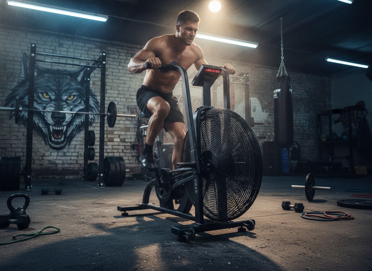 Vélo Assault AirBike Classic dans un garage avec un éclairage dynamique, des gouttes de sueur sur le cadre et la grande pale du ventilateur visible en prise de vue grand-angle.
