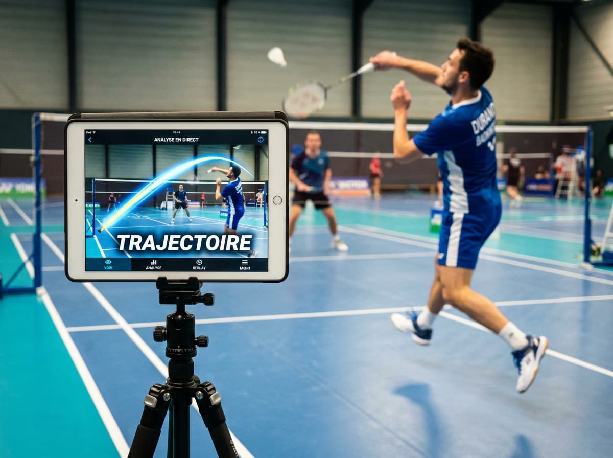 Au premier plan, une tablette sur un trépied affiche une traînée lumineuse indiquant la trajectoire du volant lors d'un smash, vu en contre-plongée sur un terrain de badminton.