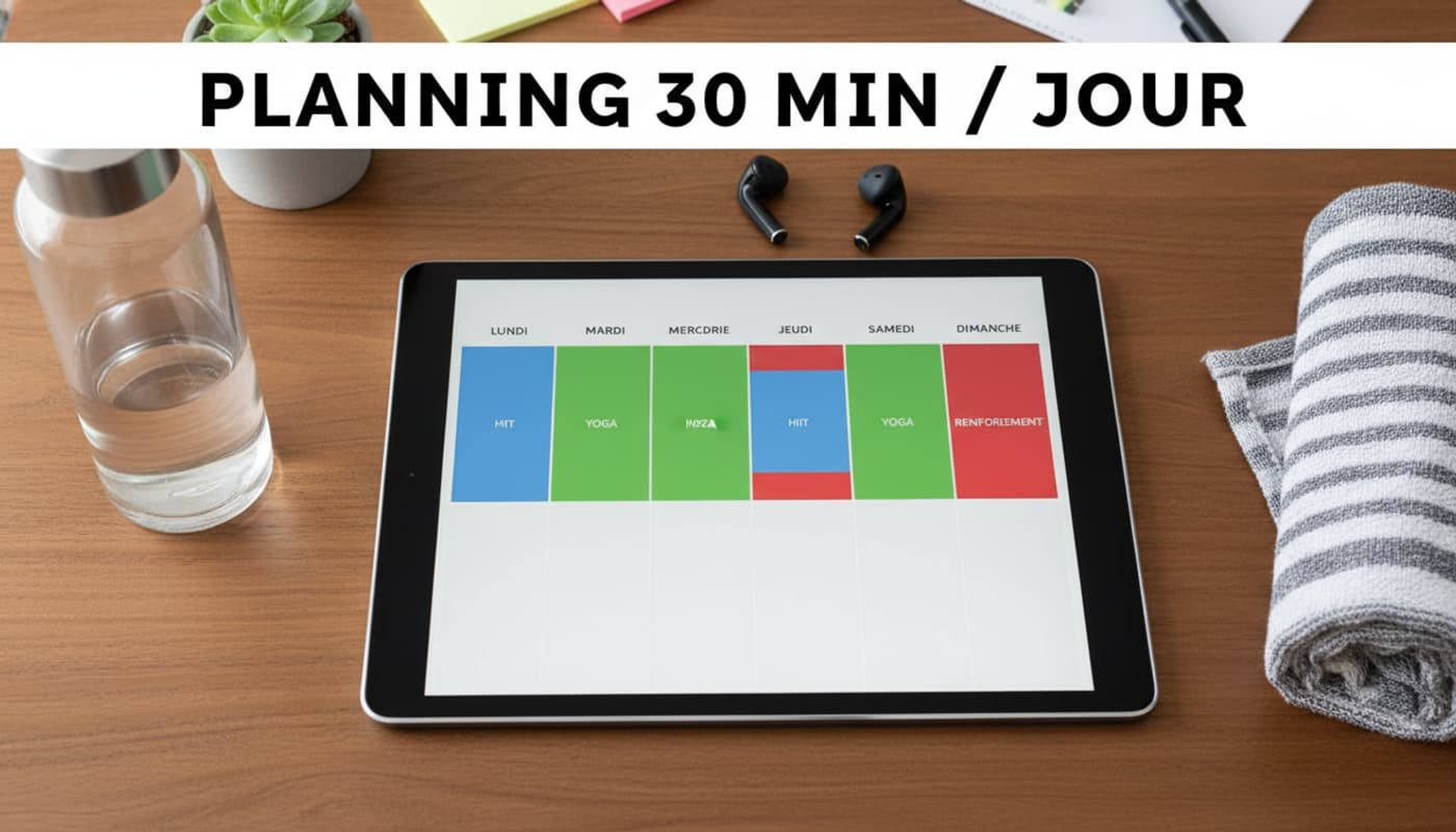 Bureau en bois vue de dessus avec une tablette numérique affichant un planning fitness hebdomadaire coloré, une bouteille d'eau et une serviette à côté, texte superposé 'PLANNING 30 MIN / JOUR'.