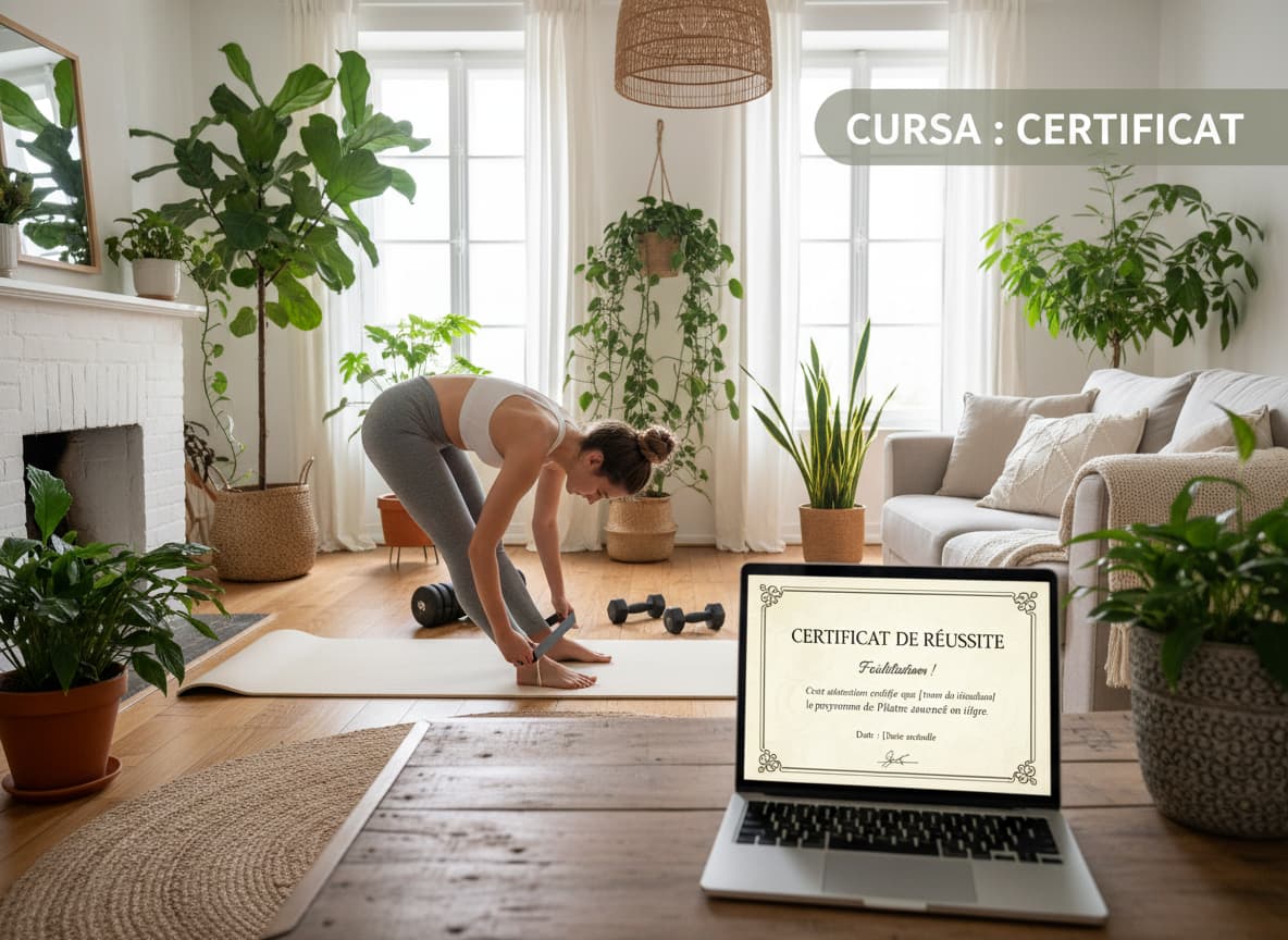Un salon paisible où une personne termine une séance de Pilates, avec un écran d'ordinateur affichant un certificat français, des plantes vertes et un éclairage doux.