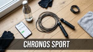 A high-angle fitness flat lay on a modern wooden floor featuring a smartphone with a bright digital stopwatch, a water bottle, and a skipping rope, with a semi-transparent dark overlay at the bottom reading 'CHRONOS SPORT' in French.