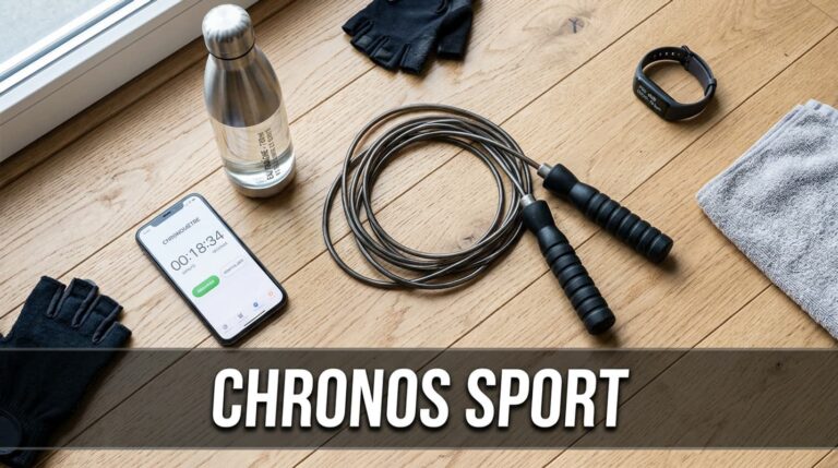 A high-angle fitness flat lay on a modern wooden floor featuring a smartphone with a bright digital stopwatch, a water bottle, and a skipping rope, with a semi-transparent dark overlay at the bottom reading 'CHRONOS SPORT' in French.