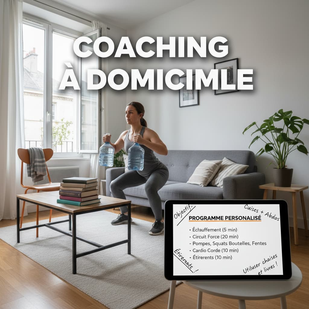 Un salon exigu aménagé pour le sport, une tablette affiche un programme d'entraînement, des objets du quotidien servent d'accessoires, avec le texte 'COACHING À DOMICILE' en superposition.