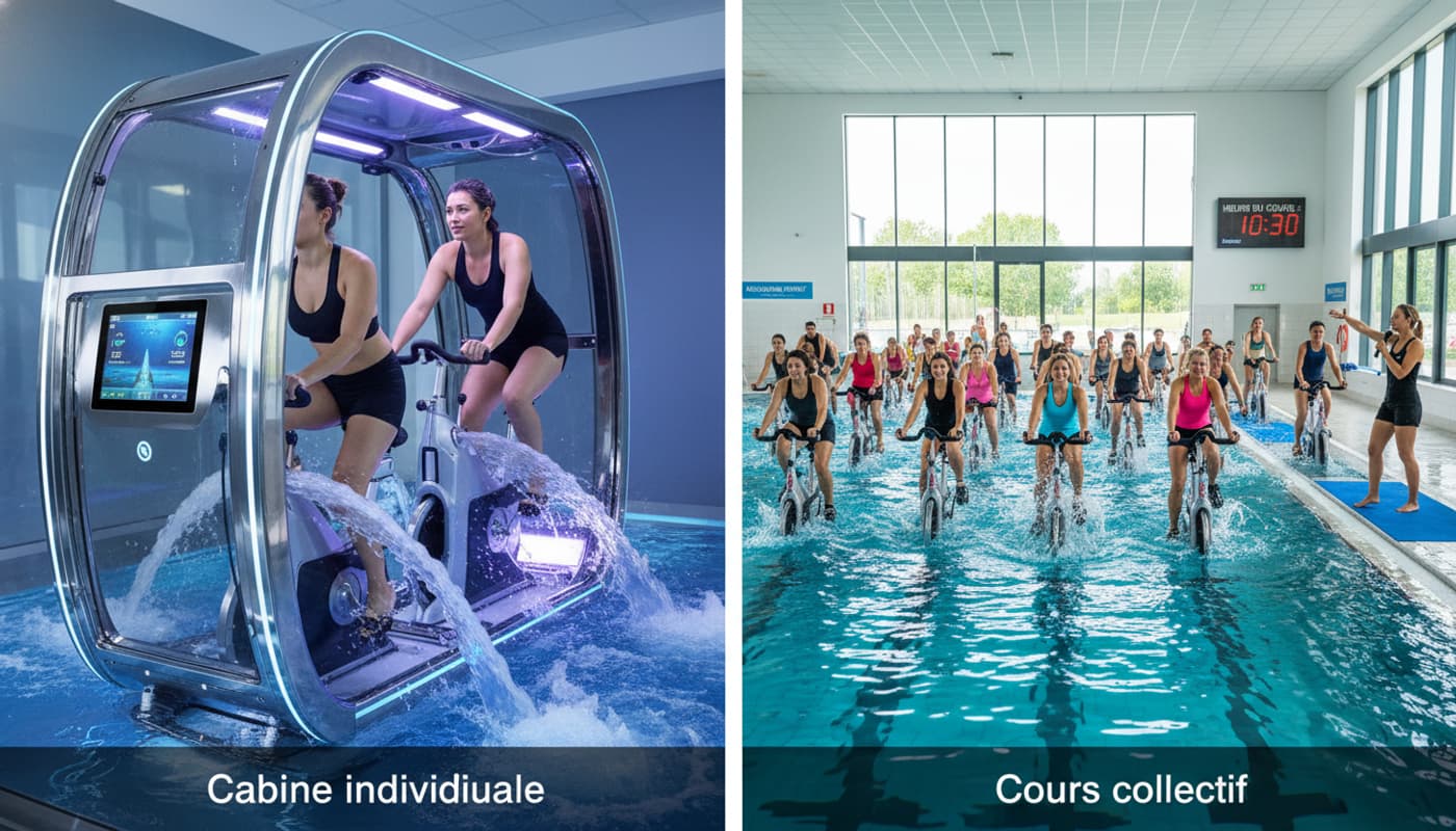 Comparaison côte à côte : à gauche, une cabine d'aquabike individuelle avec jets hydromassants et écran numérique ; à droite, un cours collectif dans une grande piscine publique avec un instructeur sur le côté. Les légendes 'Cabine individuelle' et 'Cours collectif' sont inscrites en bas.