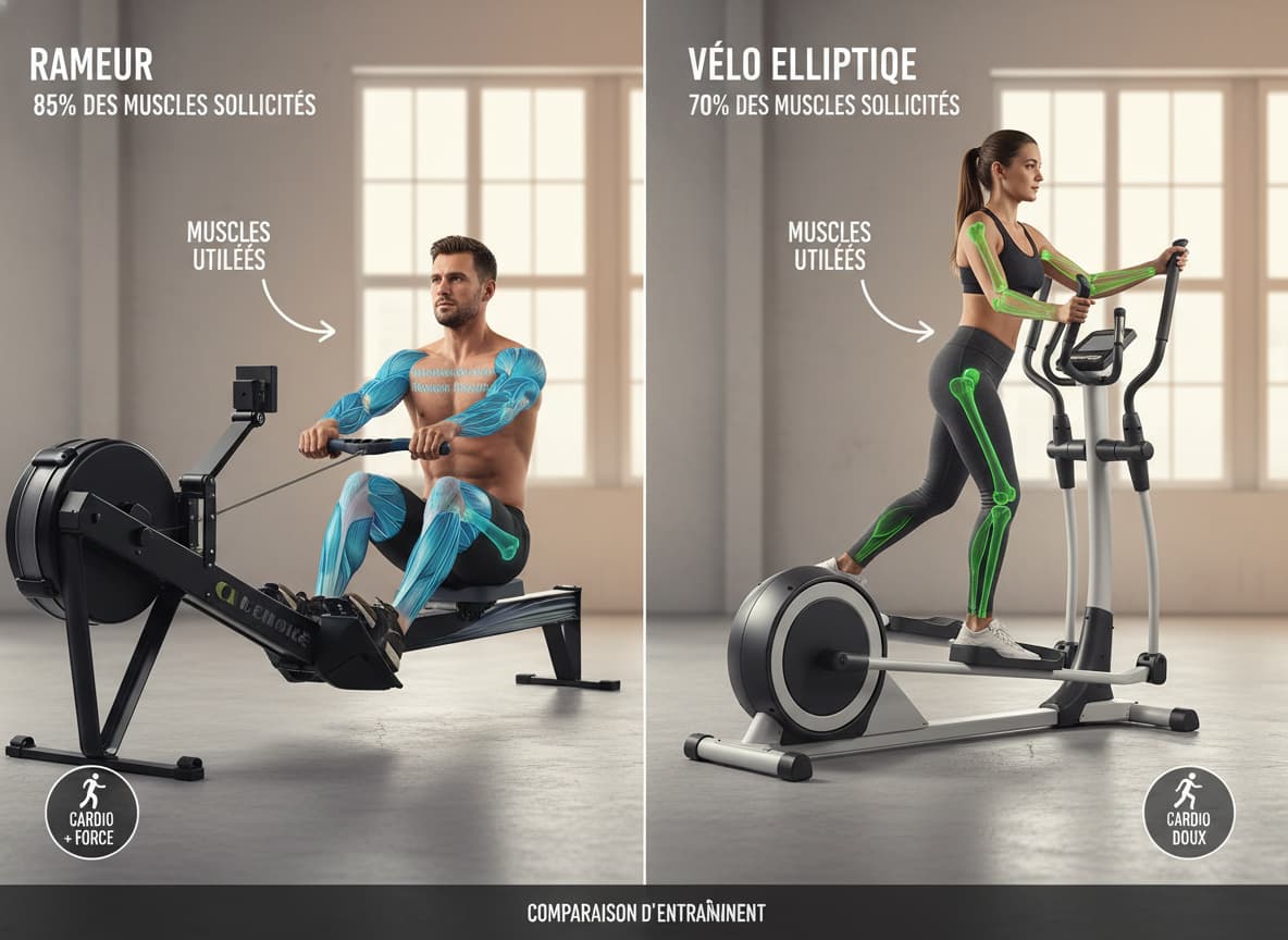 Vue de studio montrant un rameur et un vélo elliptique côte à côte, avec des annotations indiquant les groupes musculaires sollicités.