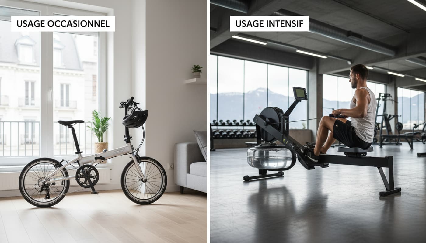Comparaison côte à côte d'un vélo pliant léger dans un petit appartement à gauche et d'un rameur professionnel lourd dans une salle de sport spacieuse à droite, avec les étiquettes 'Usage occasionnel' et 'Usage intensif' en français.