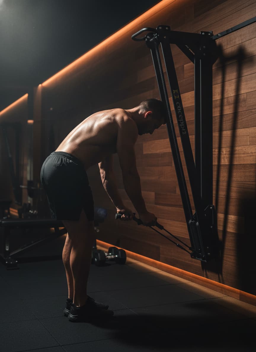 Une personne de profil s'entraîne sur un simulateur Concept2 SkiErg fixé au mur en lambris de bois d'une salle de sport à domicile.