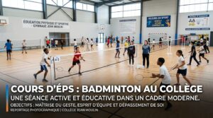 Des élèves diversifiés jouent au badminton dans un gymnase moderne de collège pendant un cours d'éducation physique, avec un texte français en superposition.