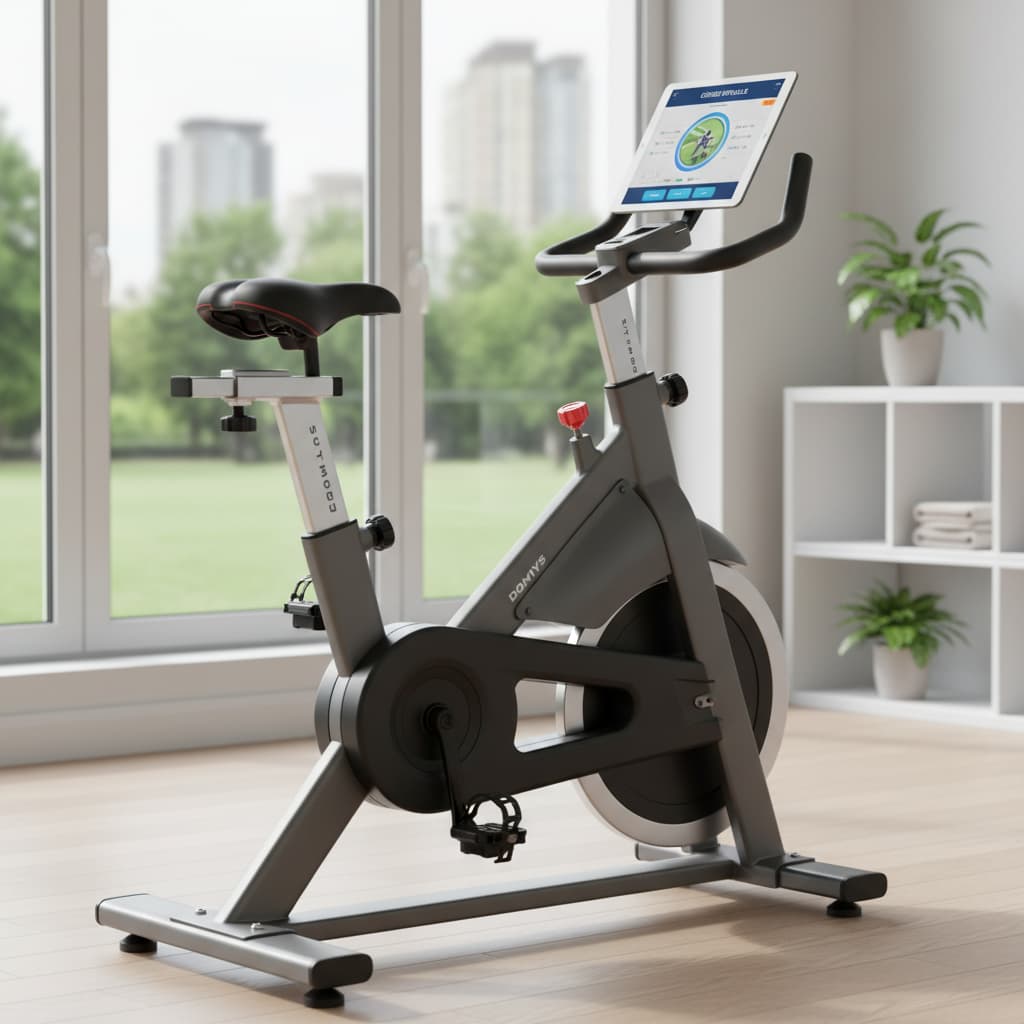 Vélo d'appartement Domyos Challenge Bike avec une tablette fixée au guidon affichant une application de cyclisme, dans un décor domestique.