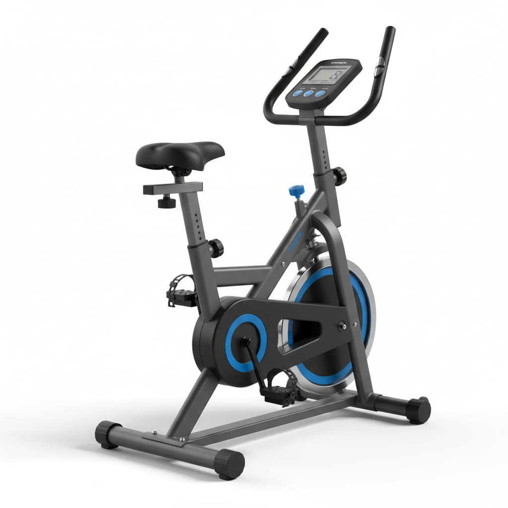 Vélo d'appartement Domyos EB 120 posé sur un fond blanc, éclairage contrasté mettant en valeur la structure et la console.