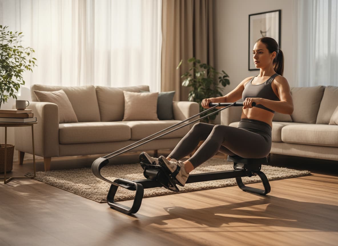 Une personne utilise un rameur Domyos 100 dans un salon, mettant en avant son design bas et son cordon élastique de résistance, dans une ambiance chaleureuse.
