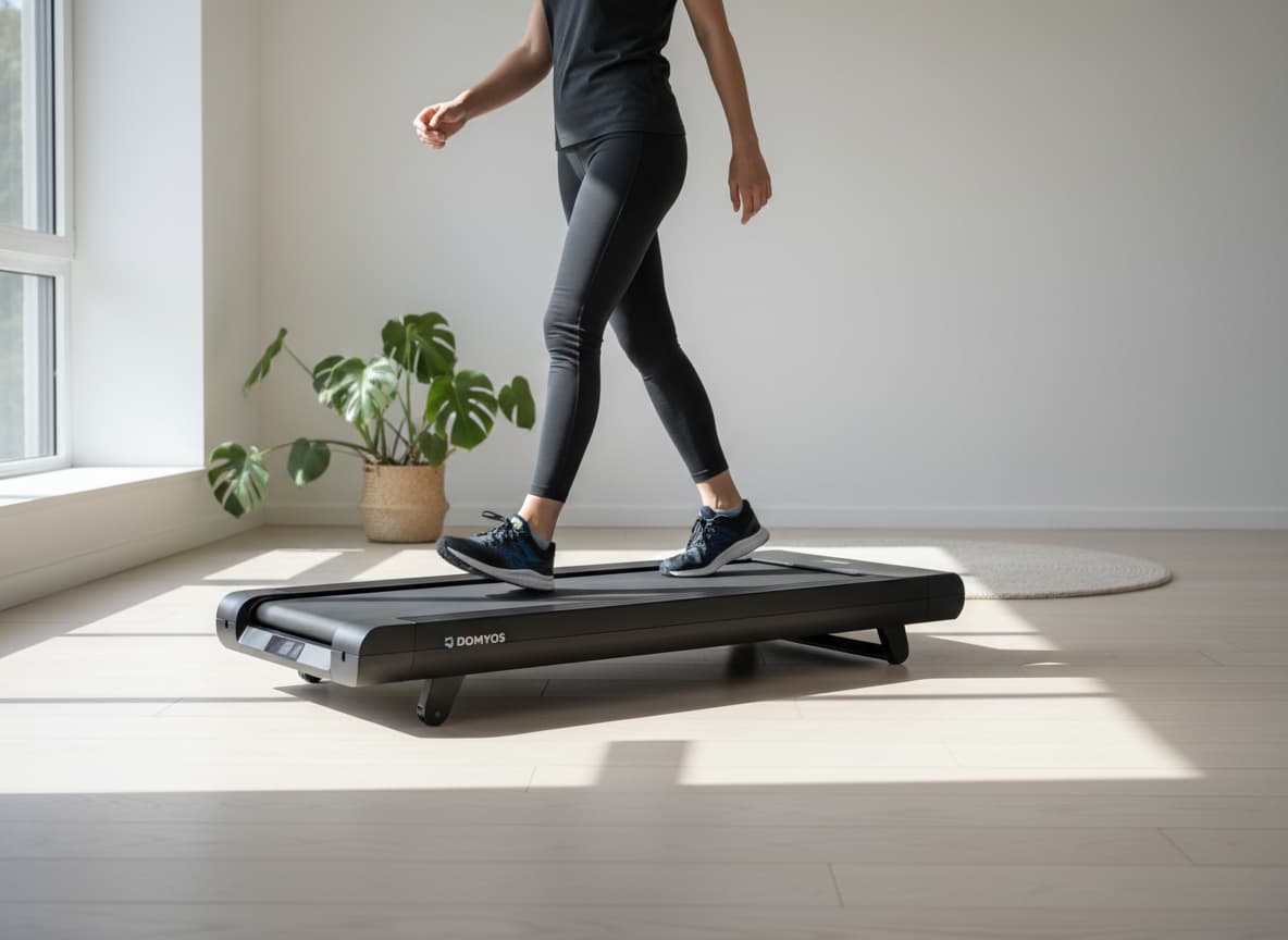Tapis de marche Domyos W500B dans un appartement lumineux, une personne marche en chaussures de sport, vue de la taille aux pieds.
