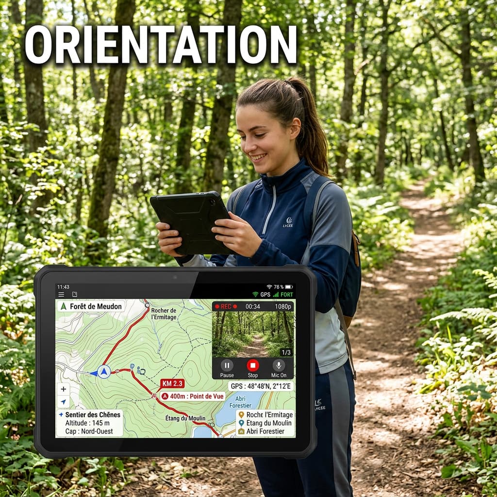 Un étudiant en survêtement se tient sur un sentier forestier ensoleillé, tenant une tablette affichant une carte de navigation avec une fenêtre d'enregistrement vidéo.