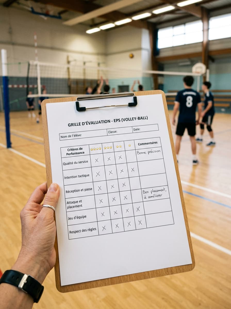 Enseignant d'éducation physique observant une séance de badminton dans un gymnase de collège, avec un bloc-notes contenant une grille d'évaluation en français.