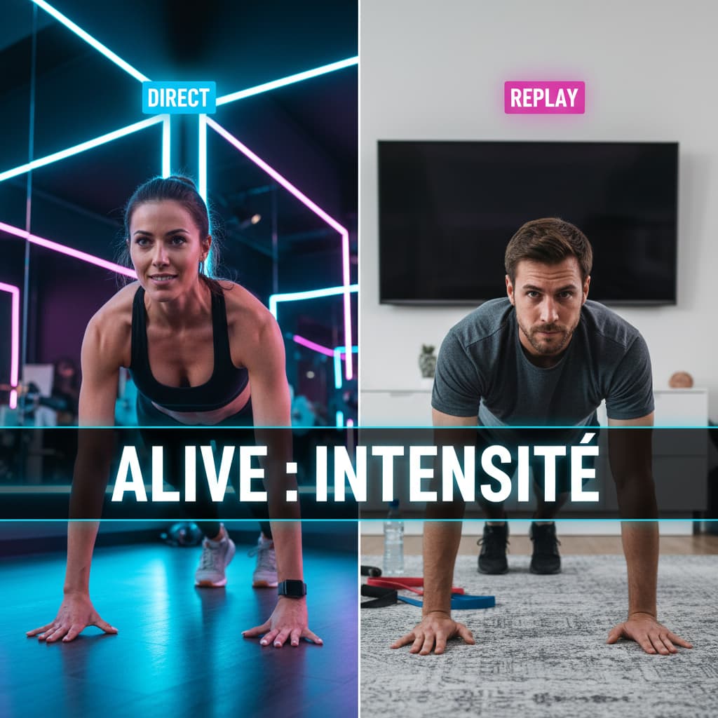 Deux personnes, un coach professionnel à gauche et une personne s'entraînant chez elle à droite, effectuent un burpee synchronisé dans une composition split-screen aux accents néon, avec le texte superposé 'ALIVE : INTENSITÉ' et les étiquettes 'Direct' et 'Replay'.