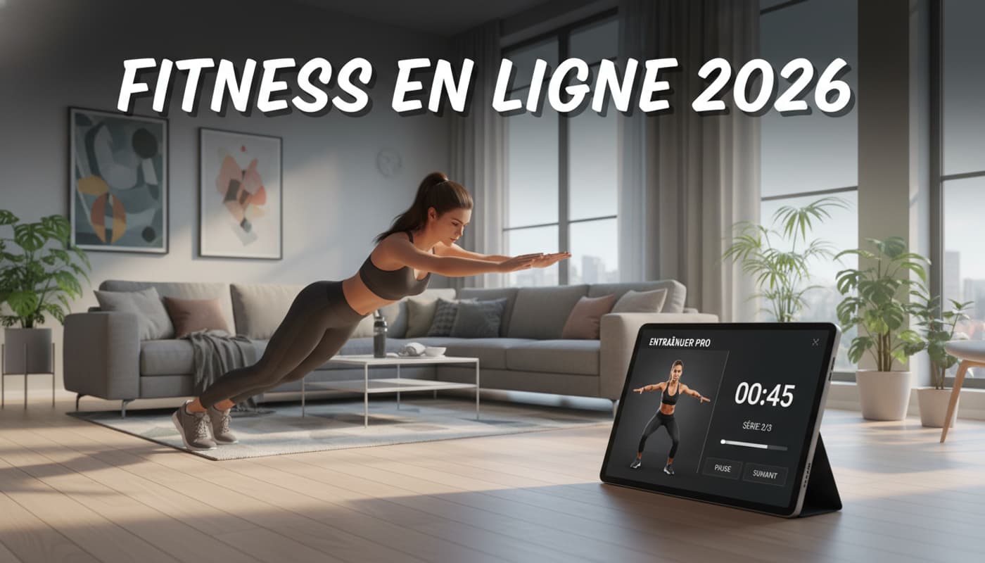 Dans un salon moderne baigné de lumière matinale, une femme sportive en tenue de fitness regarde une grande tablette posée au sol dont l'écran affiche un coach sportif, avec un bandeau sombre portant l'inscription 'FITNESS EN LIGNE 2026'.