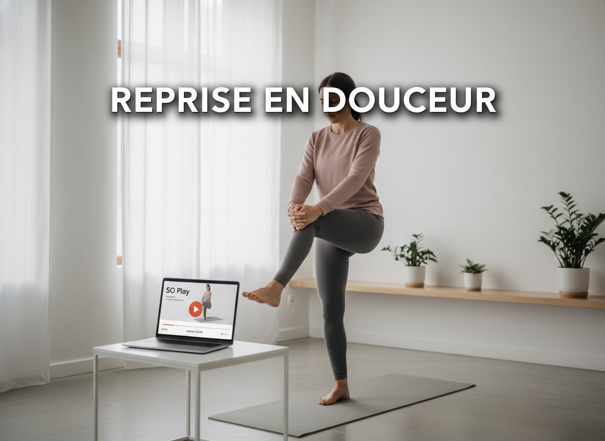 Une femme effectue un exercice de physiothérapie guidé dans une pièce lumineuse, regardant un ordinateur portable affichant le lecteur vidéo SO Play avec le texte 'REPRISE EN DOUCEUR' en surimpression.