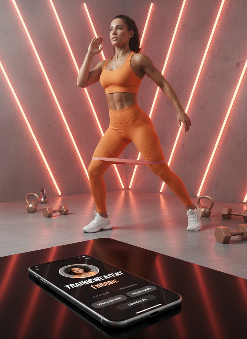 Espace de fitness moderne avec éclairage néon rose et orange, un smartphone au premier plan affiche l'application TrainSweatEat avec une coach féminine, et un texte superposé 'TRAINSWEATEAT : ÉNERGIE' avec ombre portée.