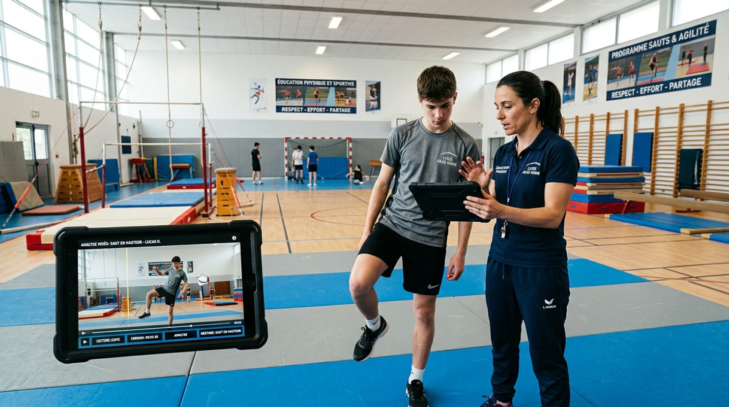 Deux adolescents en tenue de sport dans un gymnase pendant un cours d'EPS, l'un filme l'autre exécutant un mouvement de danse rythmique avec une tablette