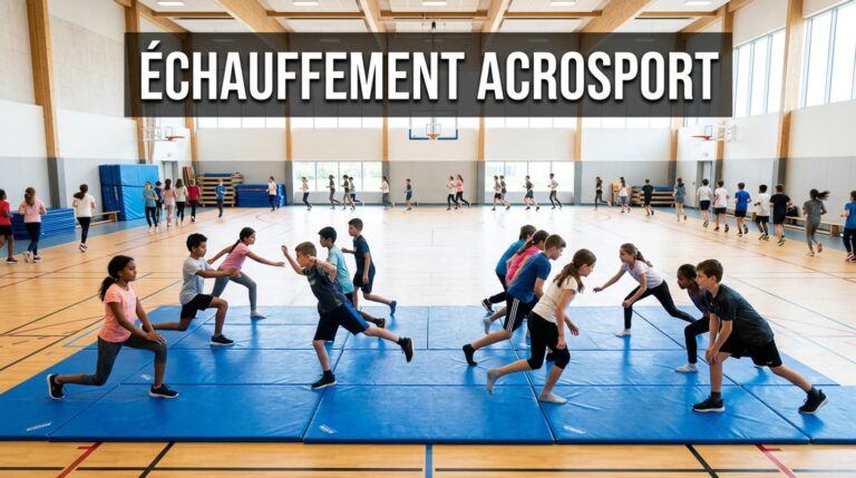 Deux étudiants assis dos à dos sur un tapis de sport, réalisant un exercice de poussée mutuelle, dans un gymnase en arrière-plan flou, avec un texte 'EXERCICES EN DUO' superposé sur bande sombre.
