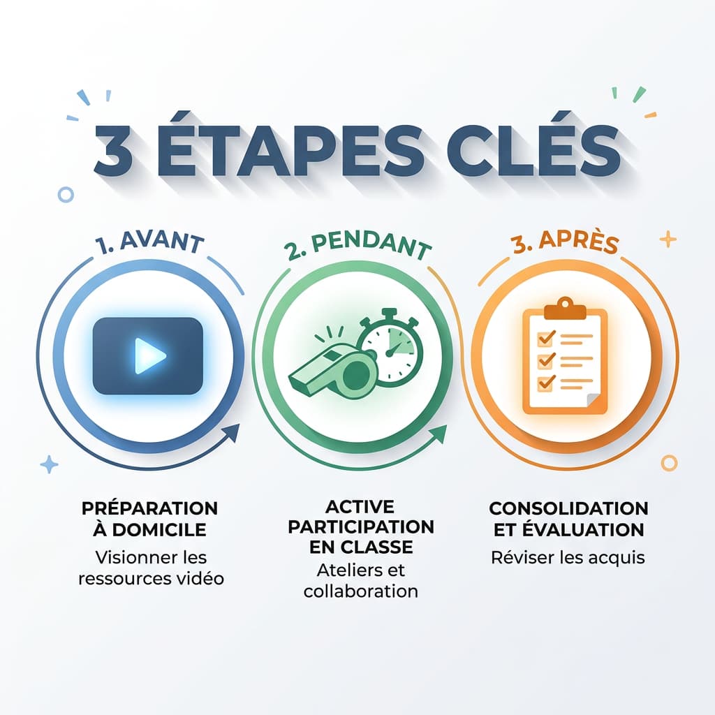 Schéma des trois étapes de la classe inversée : avant, pendant et après la séance EPS