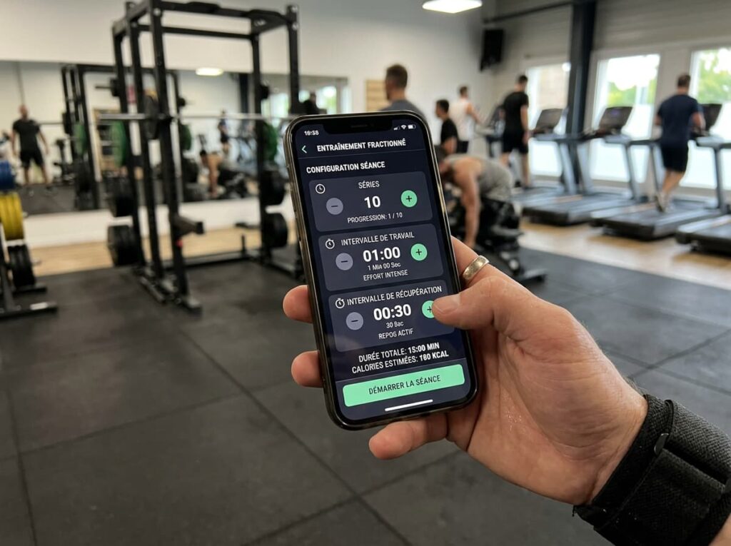 Perspective subjective d'un coureur avec un smartphone attaché au bras affichant une application de fractionné running, et une montre synchronisée, sur fond de piste d'athlétisme au crépuscule, avec les labels 'Vitesse' et 'Temps' visibles sur l'interface.