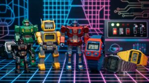 Montre Transformers Autobot au boîtier rouge et bleu avec un bouclier Autobot en relief sur le couvercle rabattable, devant un fond de bande dessinée flou.