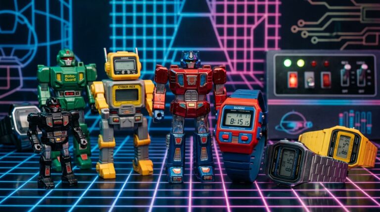 Montre Transformers Autobot au boîtier rouge et bleu avec un bouclier Autobot en relief sur le couvercle rabattable, devant un fond de bande dessinée flou.