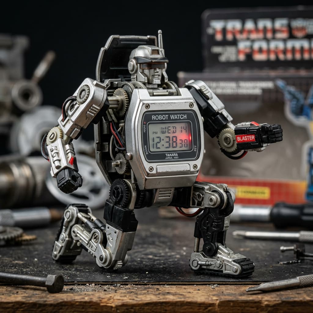 Montre robot vintage années 80 de type ROBOT Watch, boîtier noir et gris métallique, articulations visibles, fond neutre.