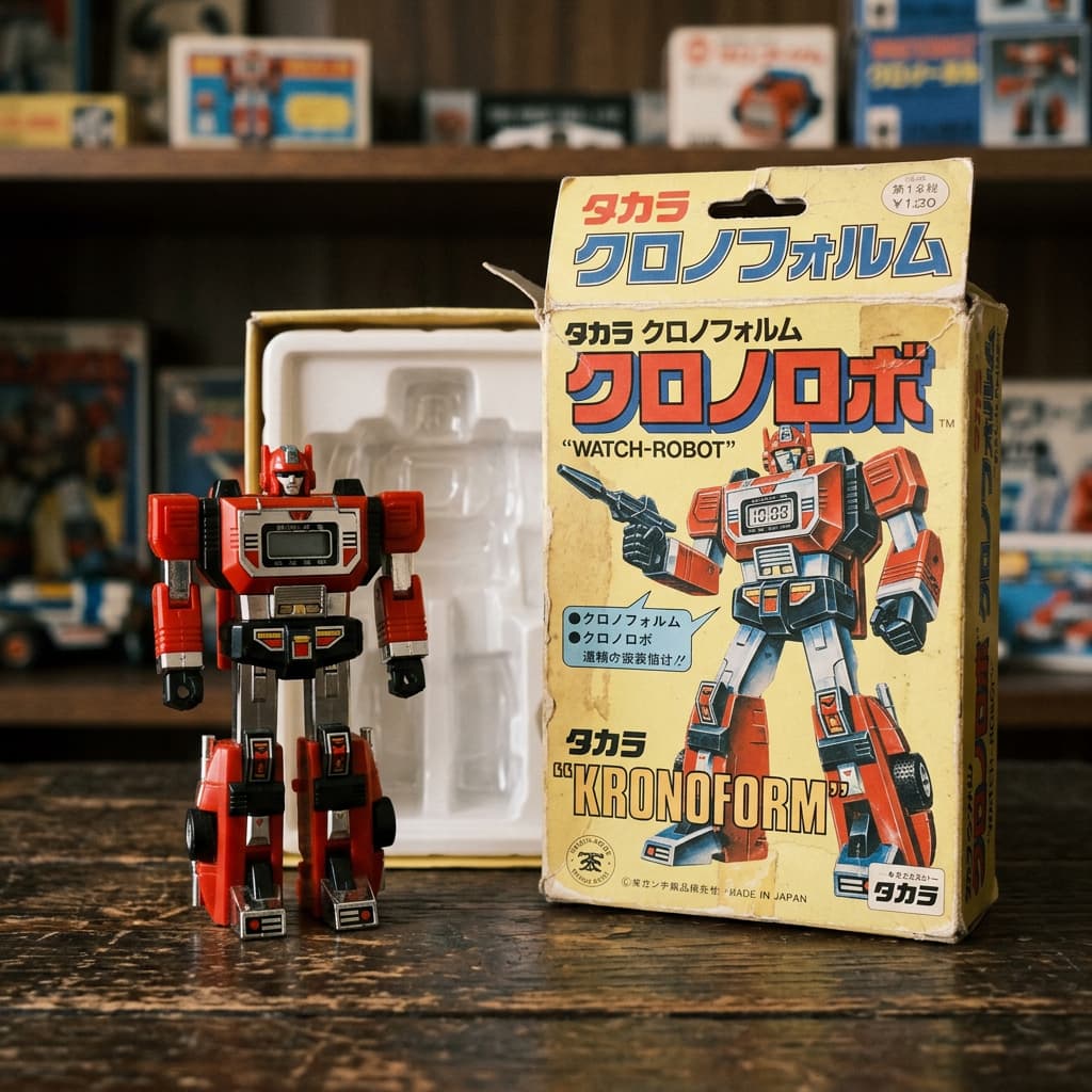 Montre robot vintage Takara rare, boîtier gris métallique, affichage LCD visible, fond sombre mettant en valeur les détails.