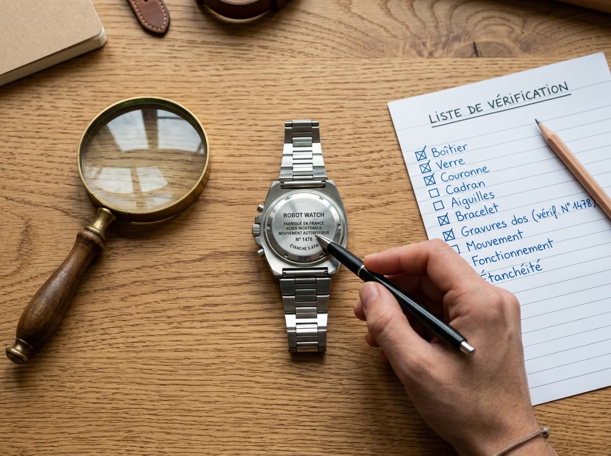 Checklist d'achat pour montre robot vintage, gros plan sur les détails à vérifier : boîtier, affichage, marquages.