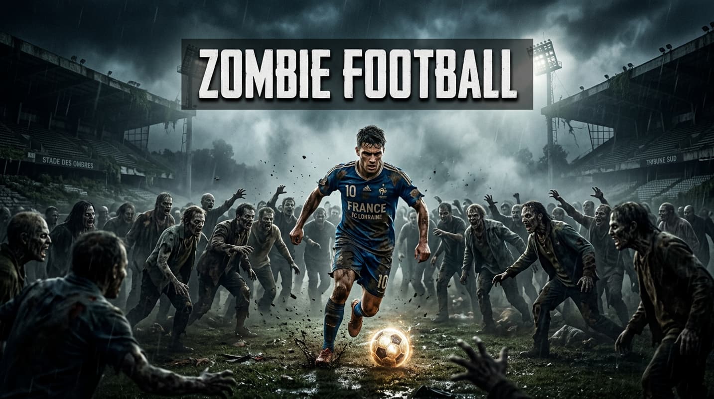 Un ballon de football usé repose sur un point de penalty fissuré, tandis qu'une horde de zombies sert de mur défensif devant un but en ruine dans un stade post-apocalyptique.