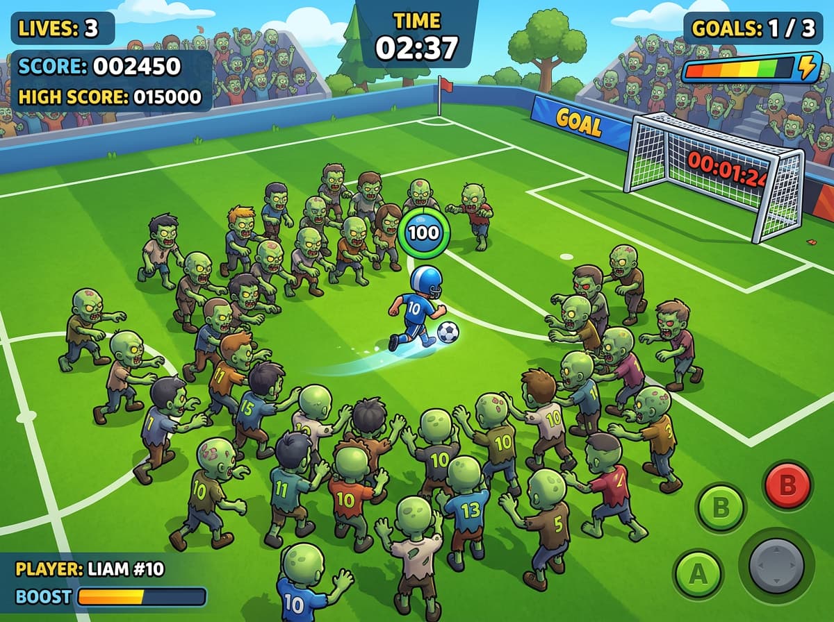 Zombie Football : athlète esquivant des zombies pour marquer un touchdown.