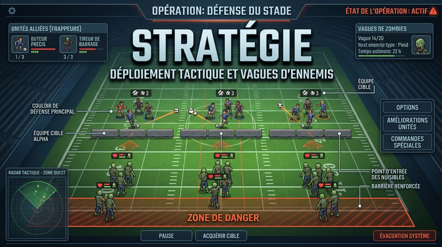 Football vs Zombie : joueur défendant son but contre des vagues de zombies.