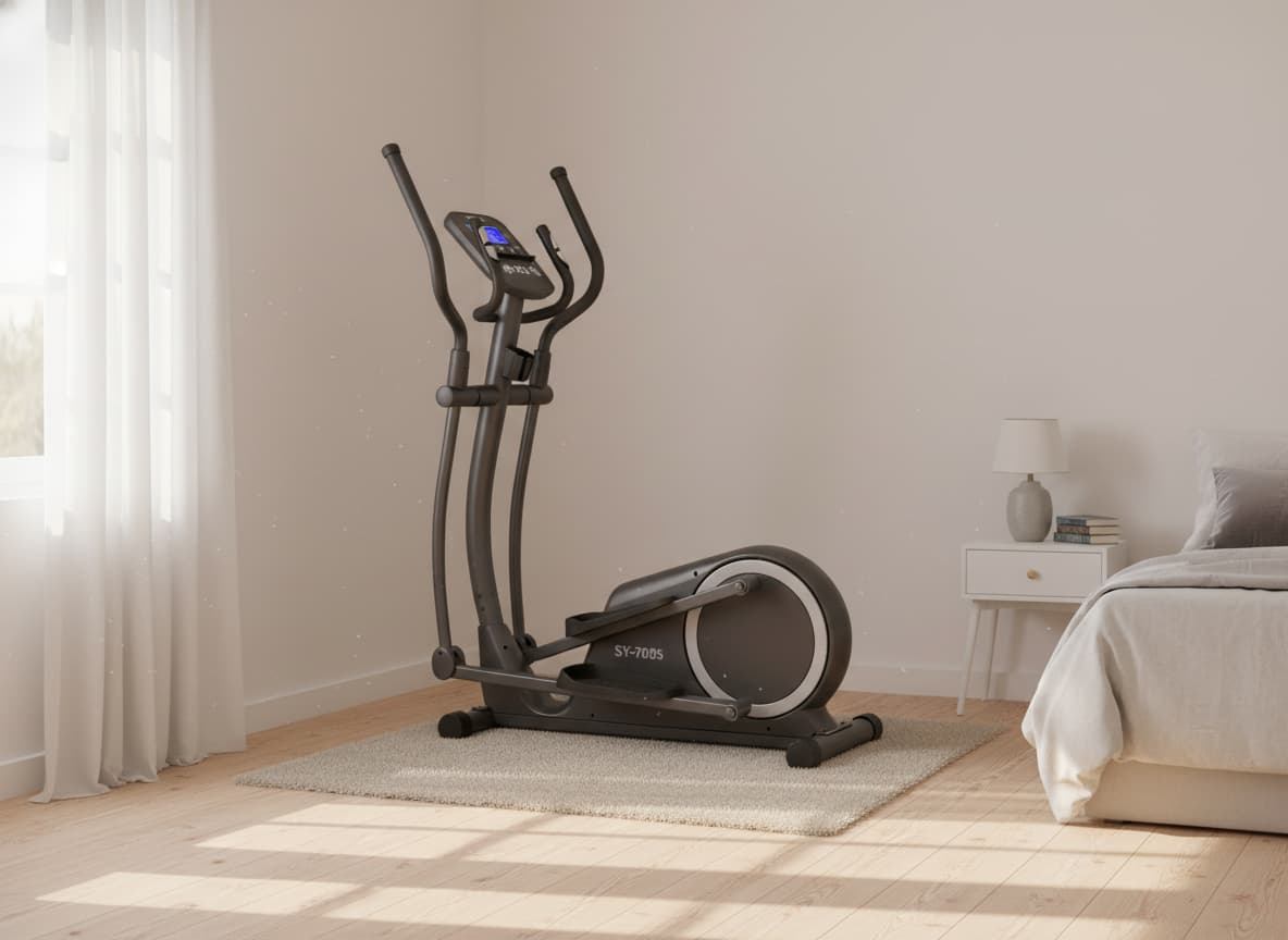 Vélo elliptique compact dans un coin de chambre avec lumière matinale douce