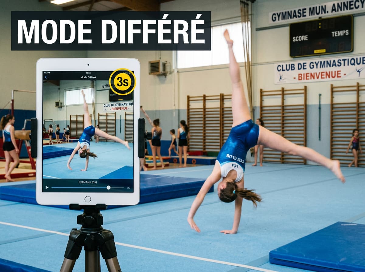 Élève en salle de sport réalisant un mouvement de gymnastique, tablette sur pied affichant le même mouvement avec icône '3s' pour le retard vidéo, texte superposé 'MODE DIFFÉRÉ'.