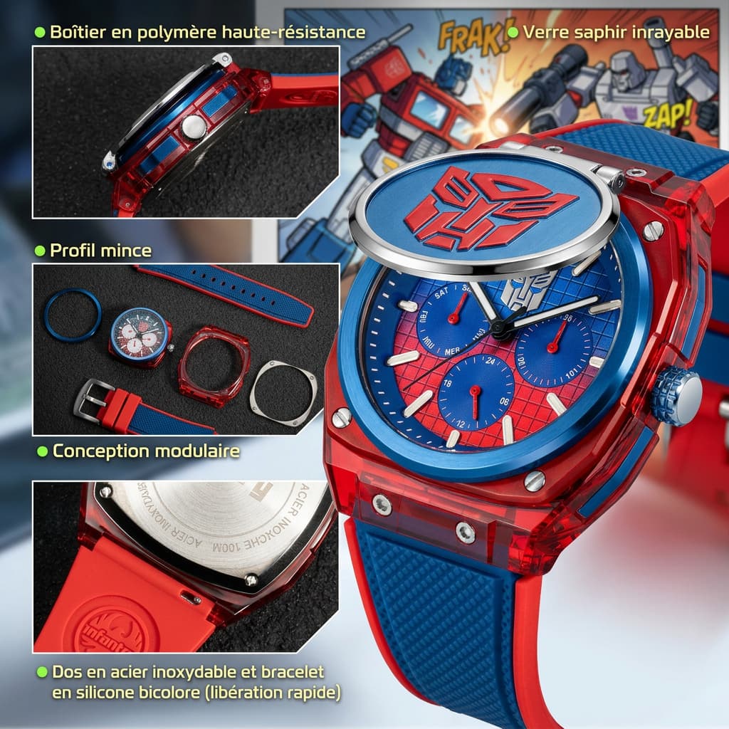 Montre Transformers Autobot rouge et bleu avec bouclier en relief, gros plan sur le boîtier transformable.