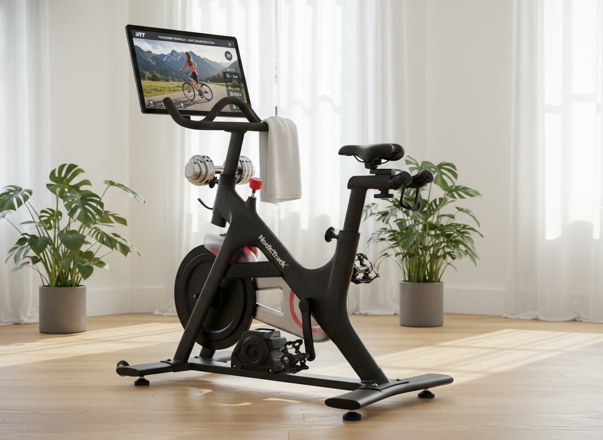 Vélo de biking NordicTrack S22i incliné, écran tactile de 22 pouces affichant un programme d'entraînement en français.