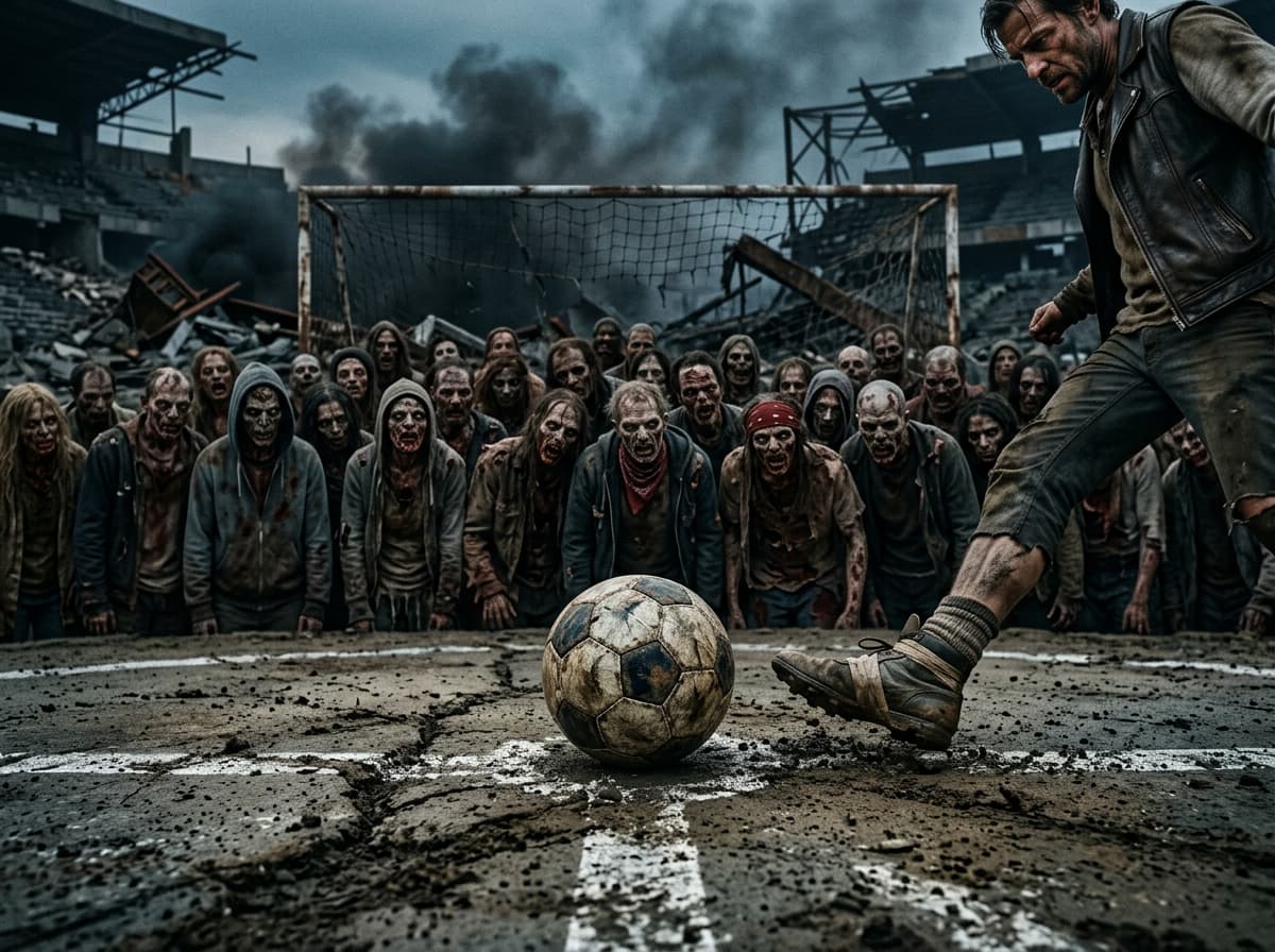Un joueur de soccer de rue réalise un tir acrobatique pour atteindre un zombie au loin, dans un décor urbain avec graffitis, voitures abandonnées et grillage.