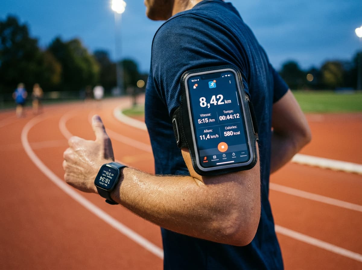 Bras d'un coureur utilisant l'application Interval Run sur smartphone pour le fractionné, avec vue sur une piste d'athlétisme.