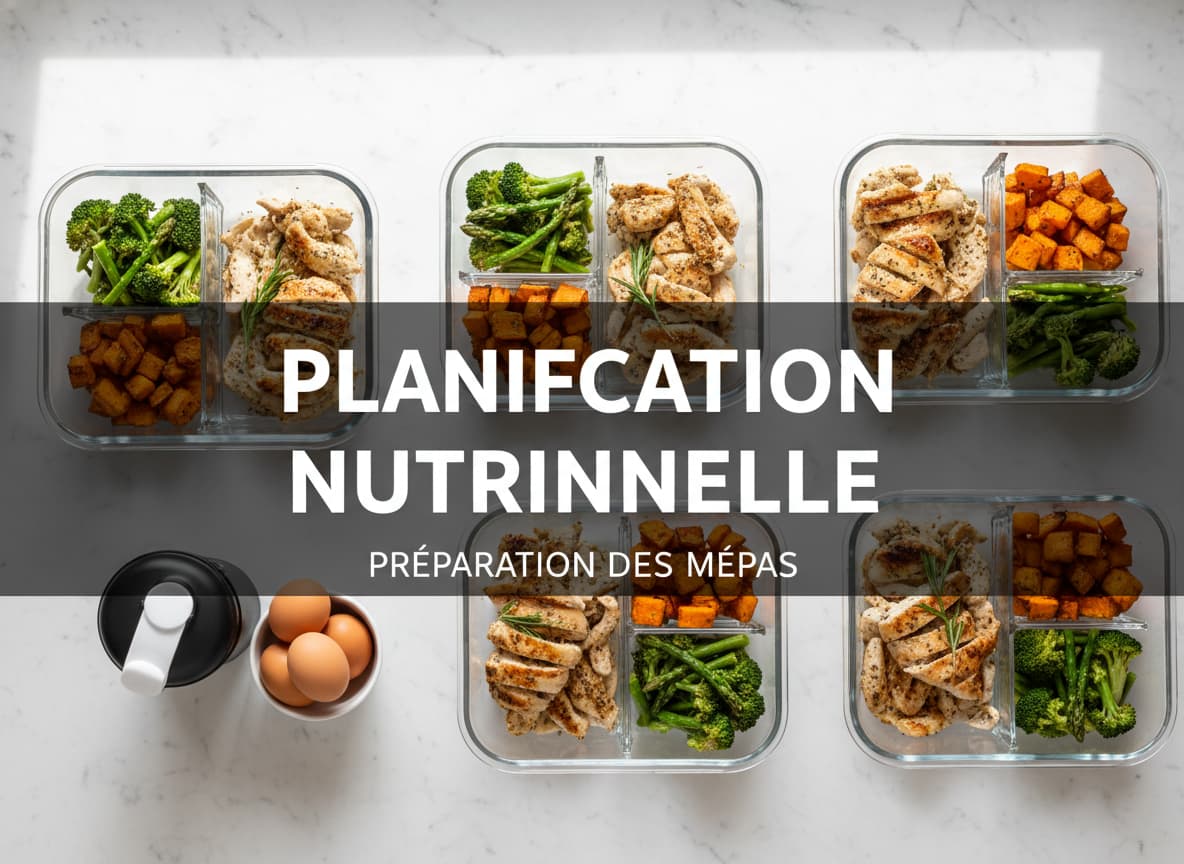Vue de dessus d'un plan de travail avec des contenants de préparation de repas contenant poulet grillé, patates douces et légumes verts, à côté d'un shaker de protéines et d'œufs, avec un texte superposé 'PLAN NUTRITION' sur fond sombre.