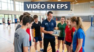 Professeur d'éducation physique souriant montrant un ralenti vidéo sur une tablette à des élèves en tenue de sport dans un gymnase moderne, avec un texte superposé 'VIDÉO EN EPS'.