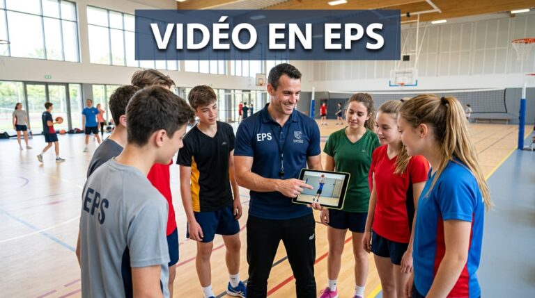 Professeur d'éducation physique souriant montrant un ralenti vidéo sur une tablette à des élèves en tenue de sport dans un gymnase moderne, avec un texte superposé 'VIDÉO EN EPS'.