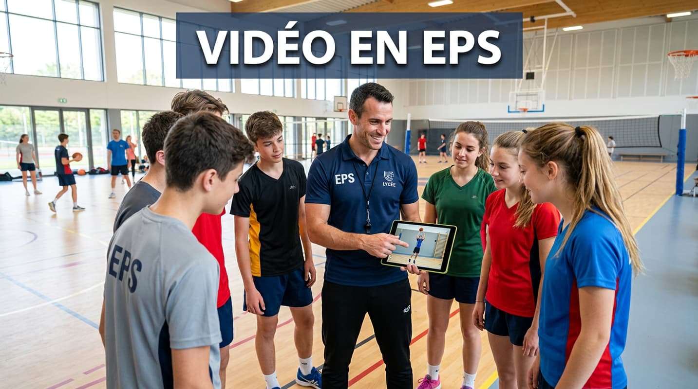 Professeur d'éducation physique souriant montrant un ralenti vidéo sur une tablette à des élèves en tenue de sport dans un gymnase moderne, avec un texte superposé 'VIDÉO EN EPS'.