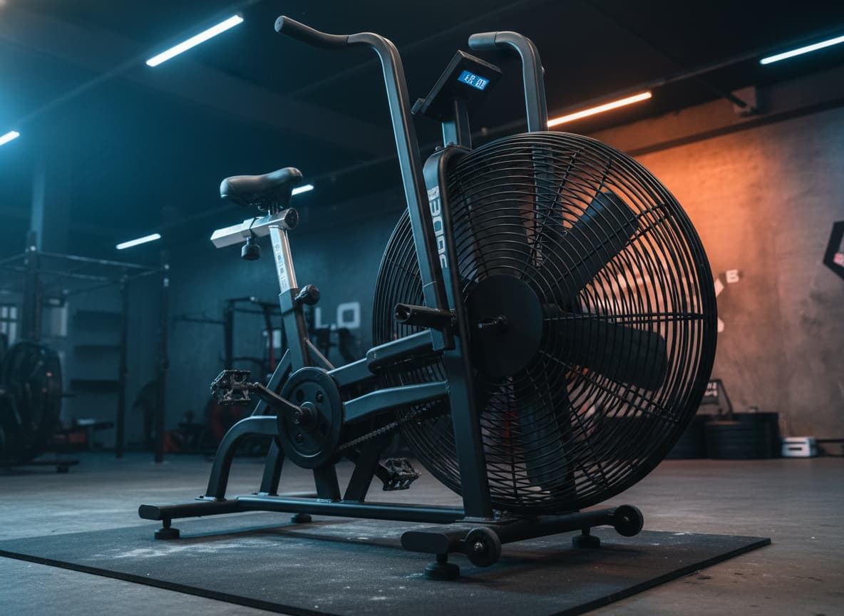 Vélo d'appartement Rogue Echo Bike en acier noir massif pris en contre-plongée dans une salle de sport avec un éclairage bleu et orange.